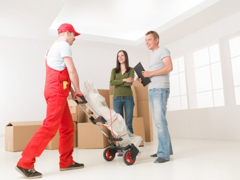 Mill Hill office relocation process with labelled boxes and furniture