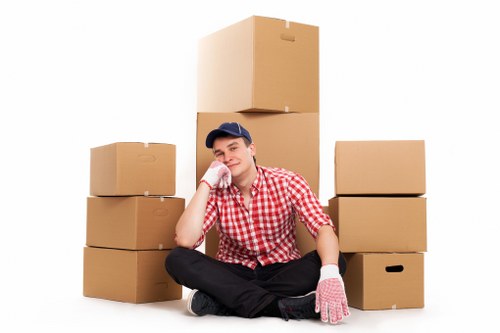 Packed office furniture and equipment ready for transport