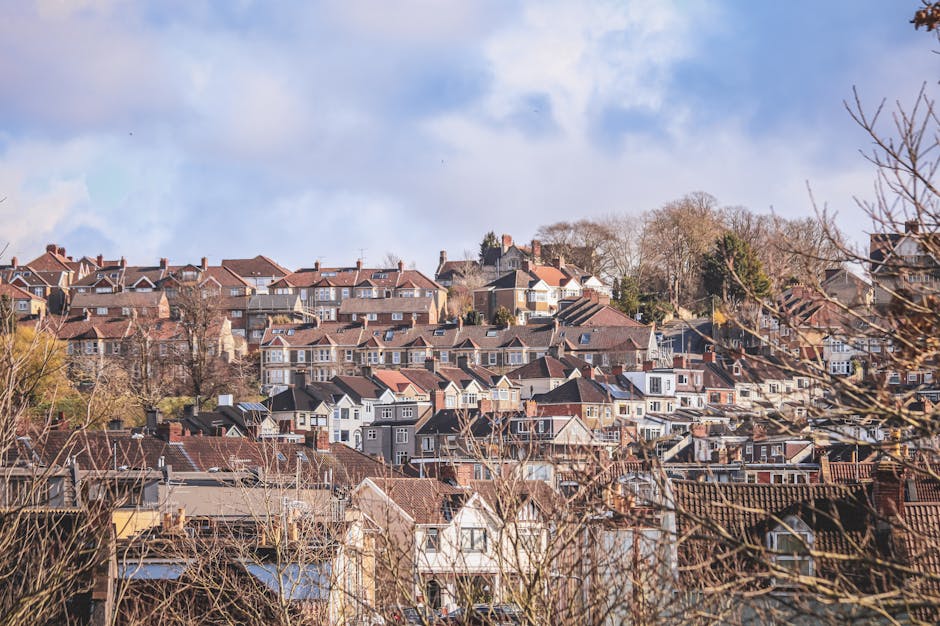 A wide-angle view of a densely built residential area on a hillside, featuring rows of houses with variously coloured roofs, including red, brown, and grey. The houses are closely packed together, with some having dormer windows and chimneys visible. In the foreground, leafless tree branches obscure part of the scene, indicating the photo may be taken during late autumn or winter. The sky is partly cloudy with patches of blue, and the overall scene suggests a typical suburban environment. This image relates to house removals and moving logistics, as it depicts the type of residential setting where [COMPANY_NAME], such as Man With a Van Mill Hill, provides professional moving and furniture transport services, including packing, loading, and home relocation within similar neighbourhoods.