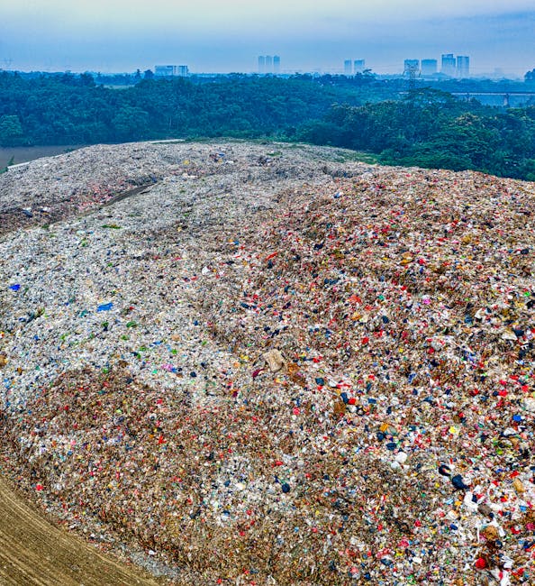 A large pile of mixed household waste materials, including plastic bottles, paper, cardboard, and broken items, is situated outdoors on a mound of sorted refuse. The waste is spread unevenly across the terrain, with some areas more densely packed than others. In the background, there is a line of green trees and a distant urban skyline with high-rise buildings under a cloudy sky. The setting appears to be within a waste disposal or landfill site, with part of a paved or compacted surface visible in the lower left corner. The image illustrates the scale of waste accumulation, relevant to topics such as waste disposal regulations linked to house removals, packing, and moving logistics, highlighting the importance of proper waste management during relocation processes involving companies like Man With a Van Mill Hill.